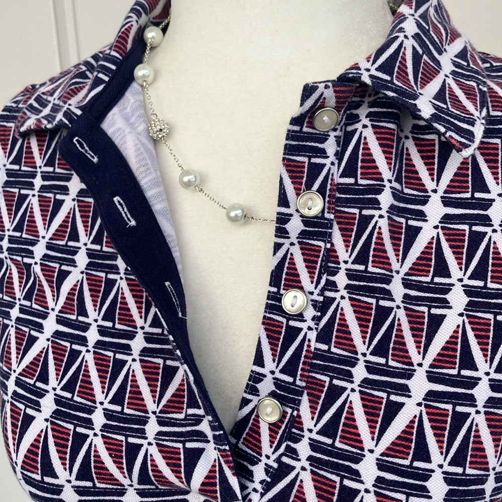 Lands' End Navy, White, and Salmon Polo Style Boat Print Preppy Midi Tank Dress - Picture 2 of 7